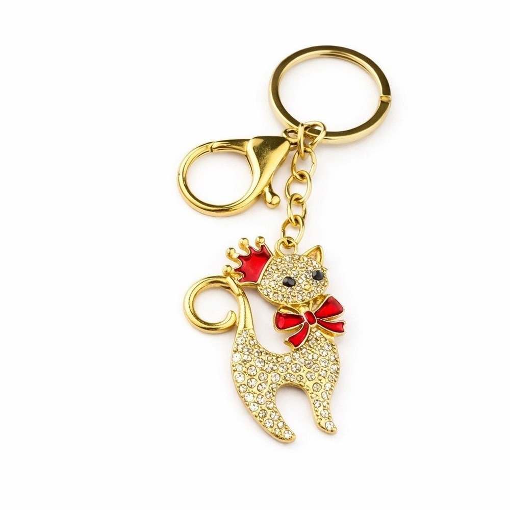 Red Princess Queen Crown Cat Gold Tone Keychain Purse Rhinestone Charm Clip 4"